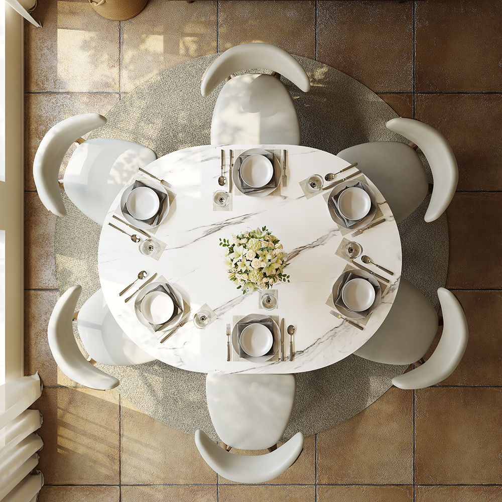 Mid Century Modern White & Bronze Glossy Sintered Stone Dining Tables