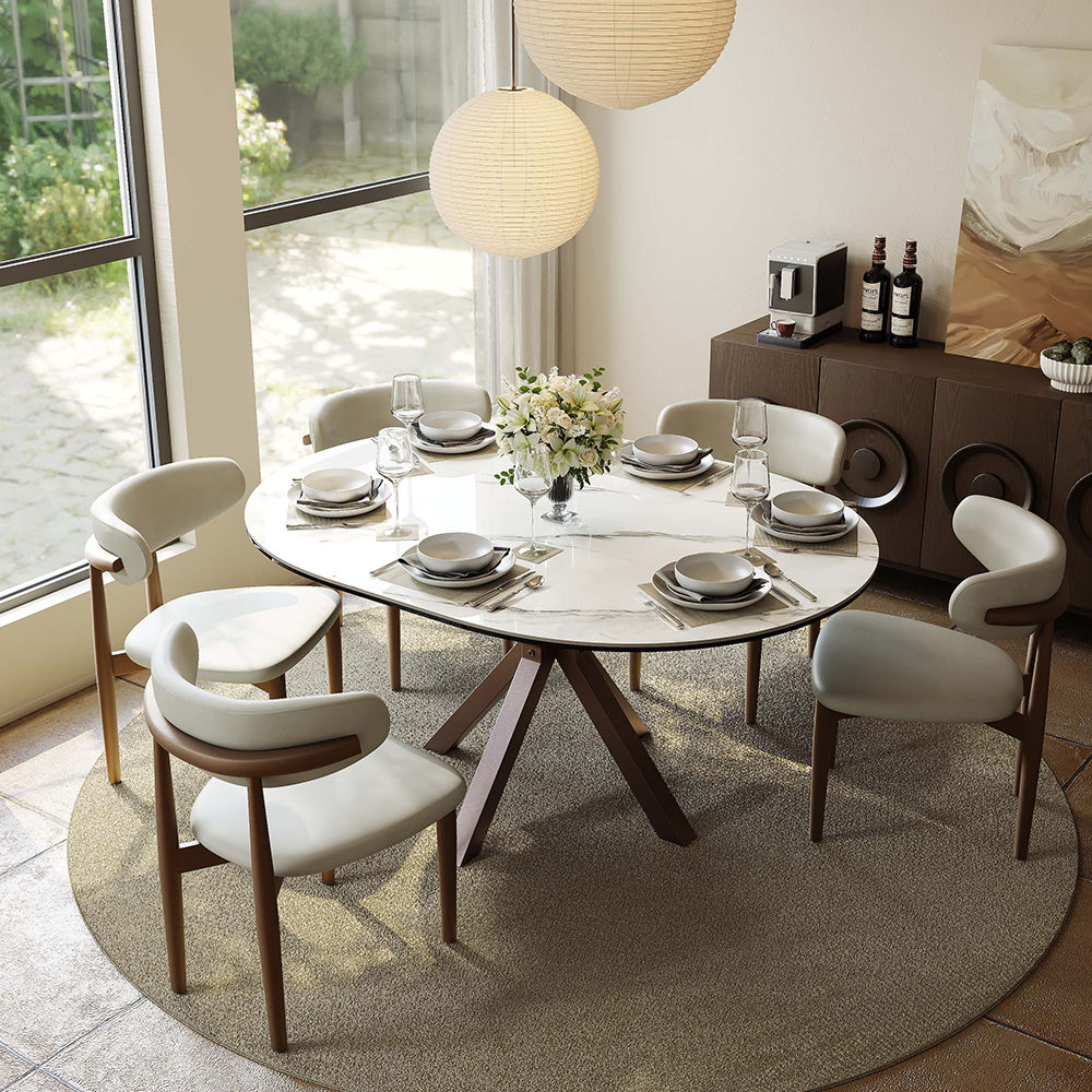 Stone White & Bronze Glossy Sintered Stone Dining Tables