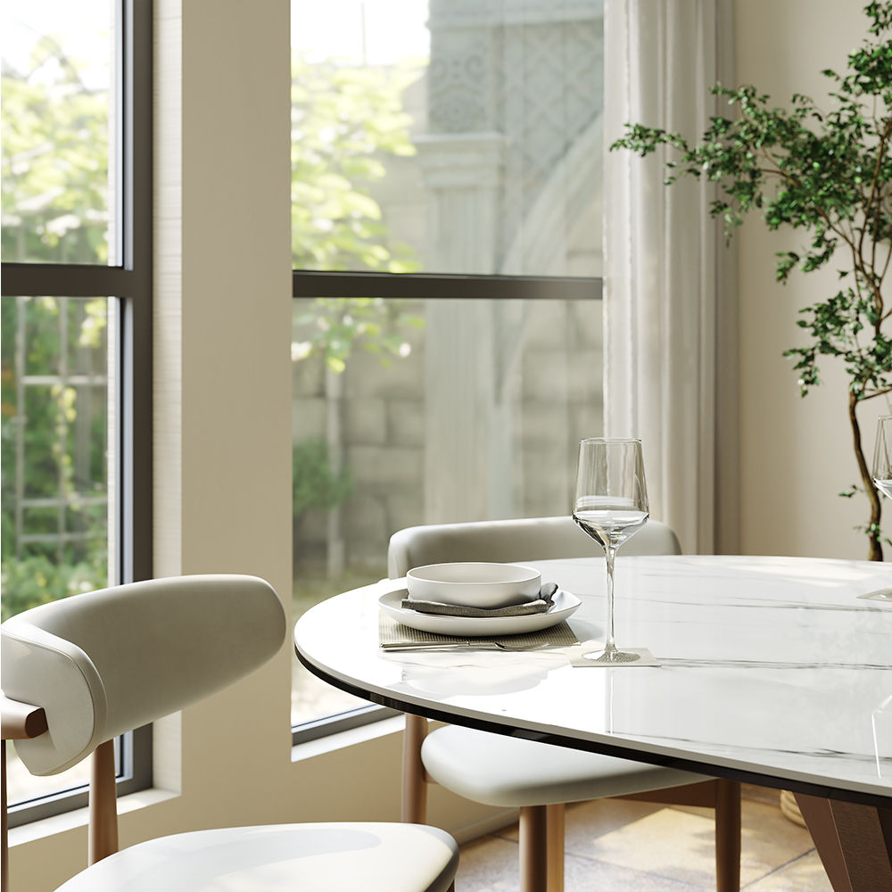 Bedroom White & Bronze Glossy Sintered Stone Dining Tables
