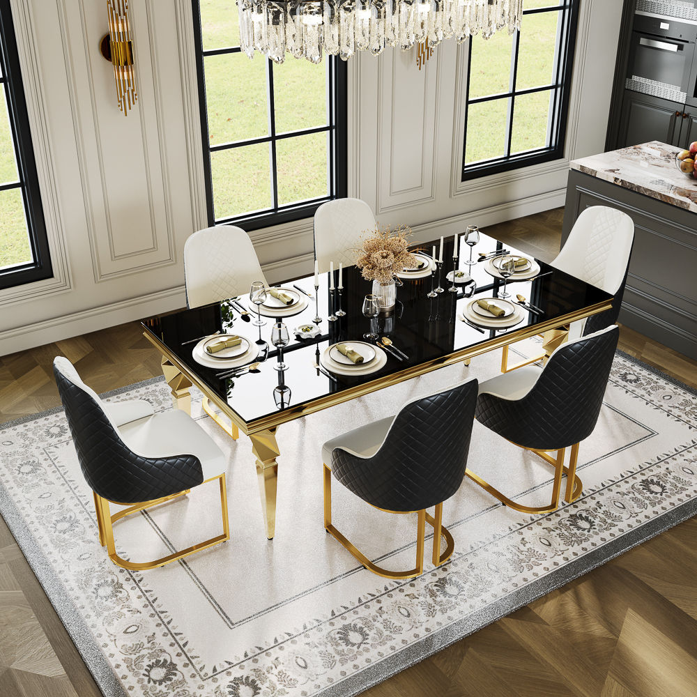 Glass Black & Gold Tempered Glass Dining Tables