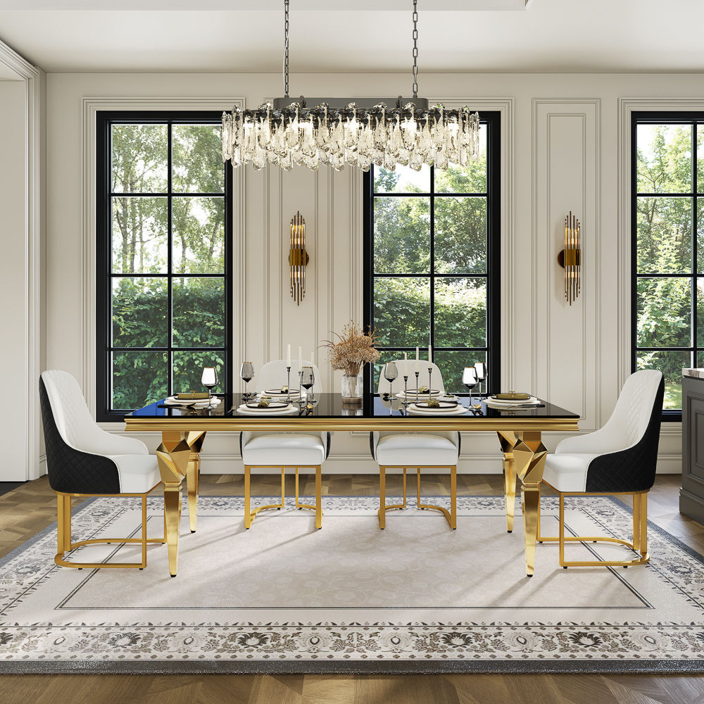 Rectangular Black & Gold Tempered Glass Dining Tables