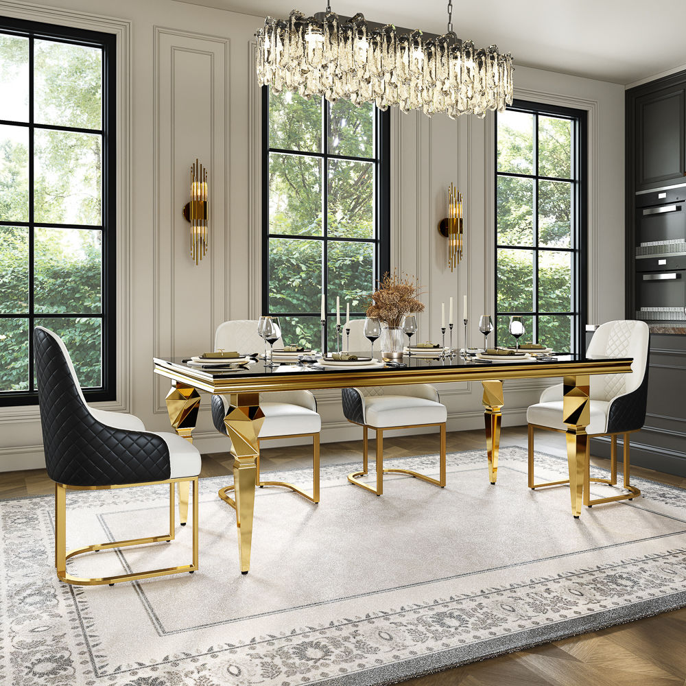 Modern Luxury Black & Gold Tempered Glass Dining Tables