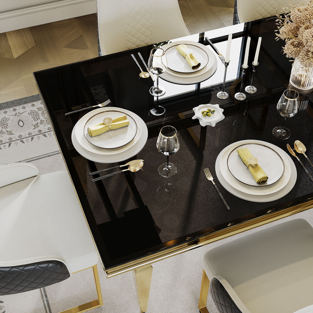 Partly Assemble Black & Gold Tempered Glass Dining Tables