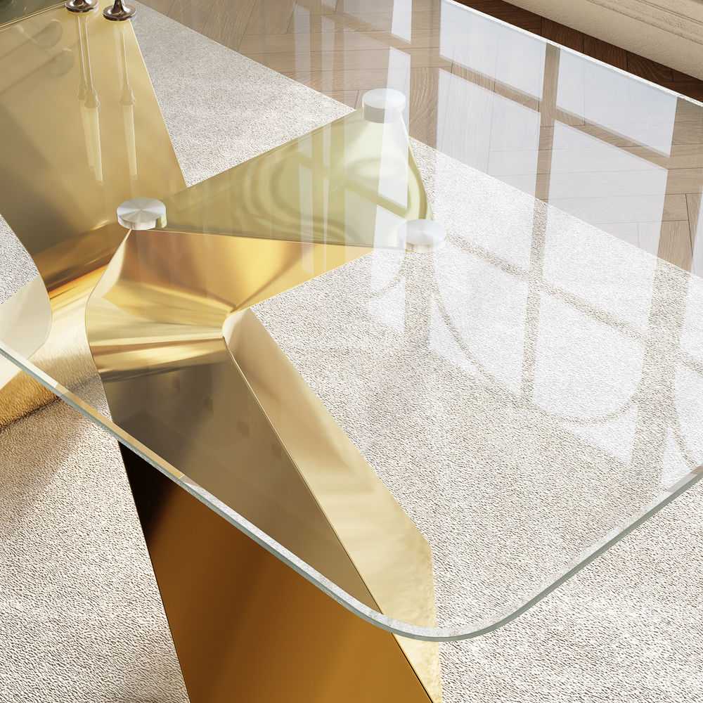 Kitchen Golden&Transparent Color Tempered Glass Dining Tables