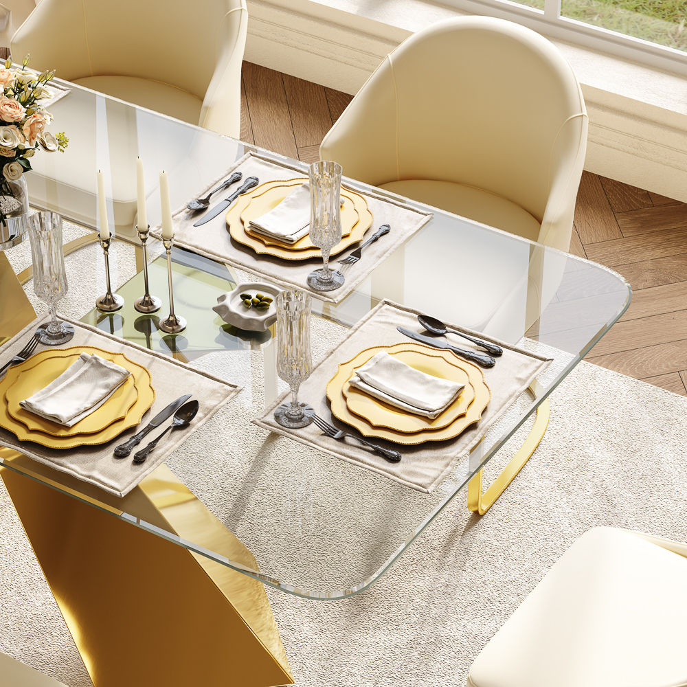 Kitchen Golden&Transparent Color Tempered Glass Dining Tables