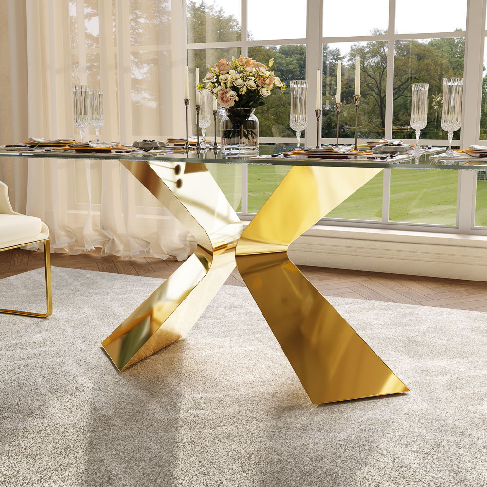 X-Shape Golden&Transparent Color Tempered Glass Dining Tables