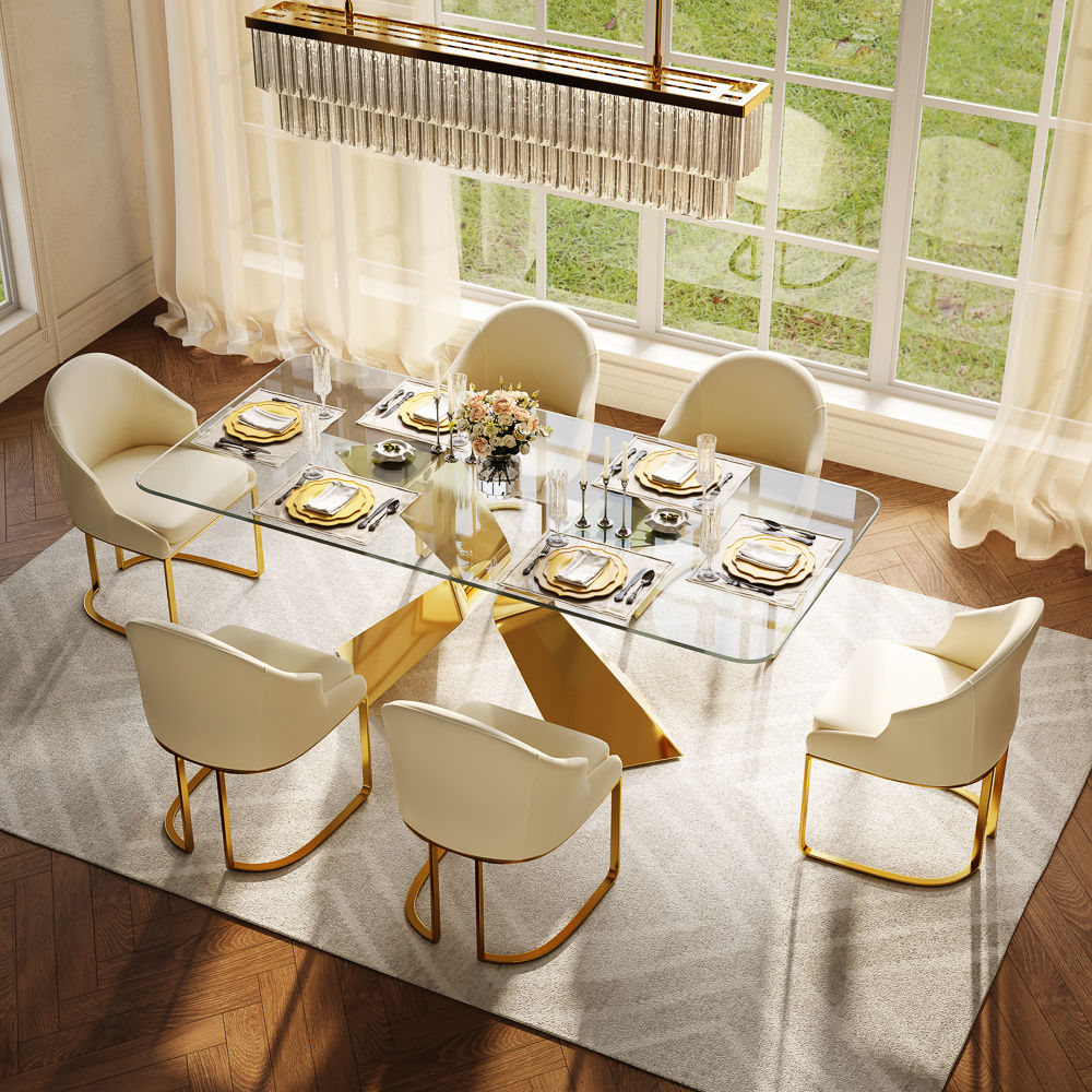 for 6 Golden&Transparent Color Tempered Glass Dining Tables