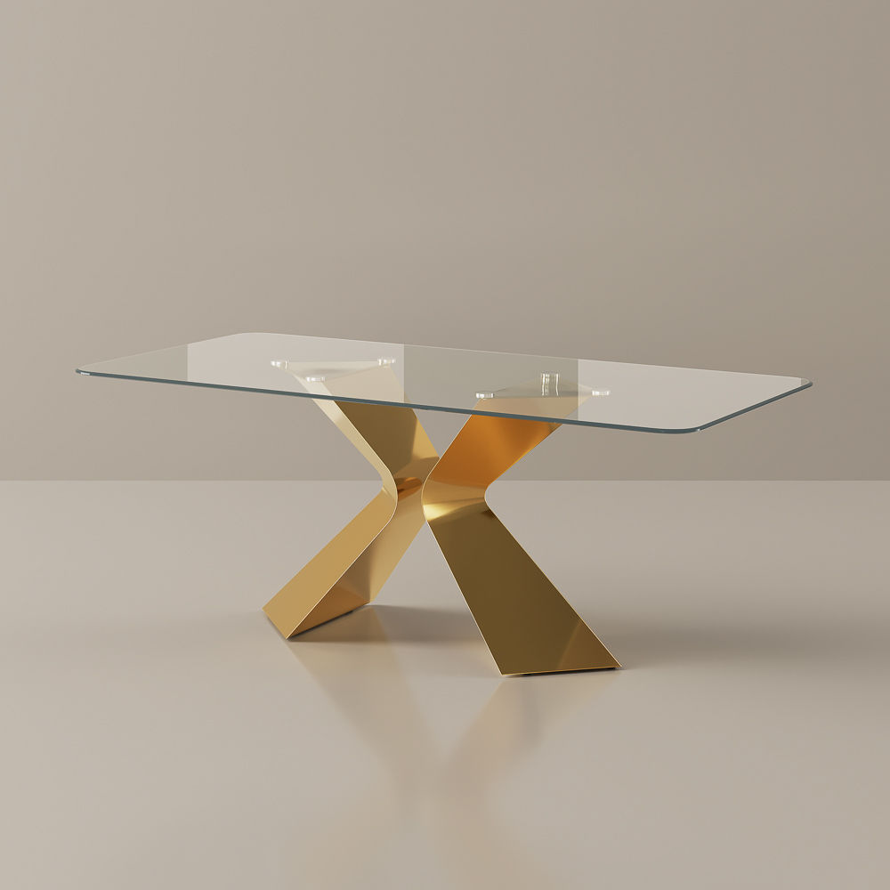 Gold Golden&Transparent Color Tempered Glass Dining Tables