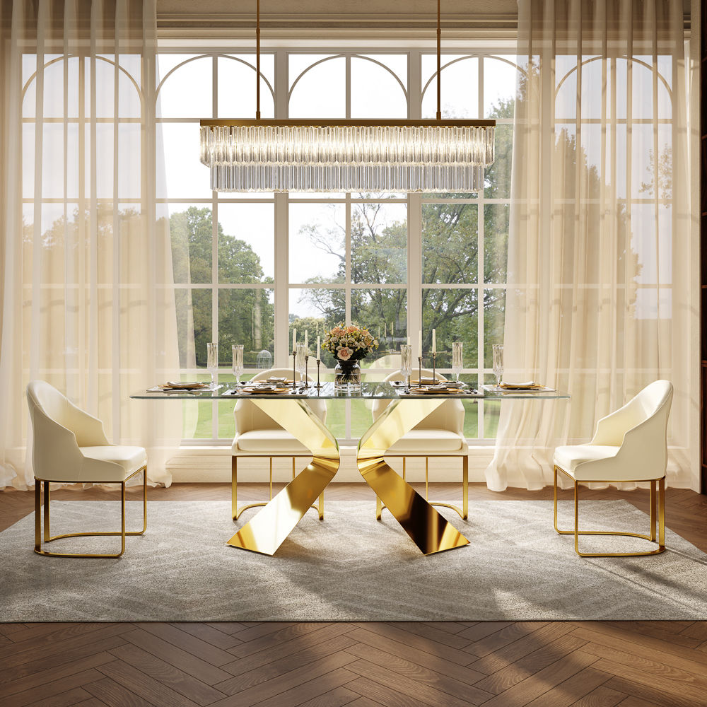 Partly Assemble Golden&Transparent Color Tempered Glass Dining Tables