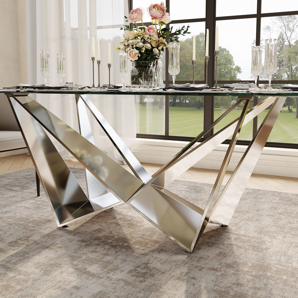 Partial Assembly Required Silver+Transparent Crystal Tempered Glass Dining Tables