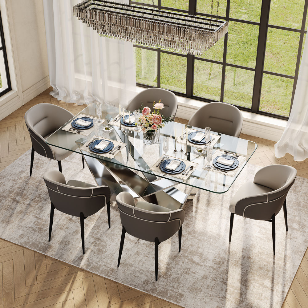 Modern Silver+Transparent Crystal Tempered Glass Dining Tables