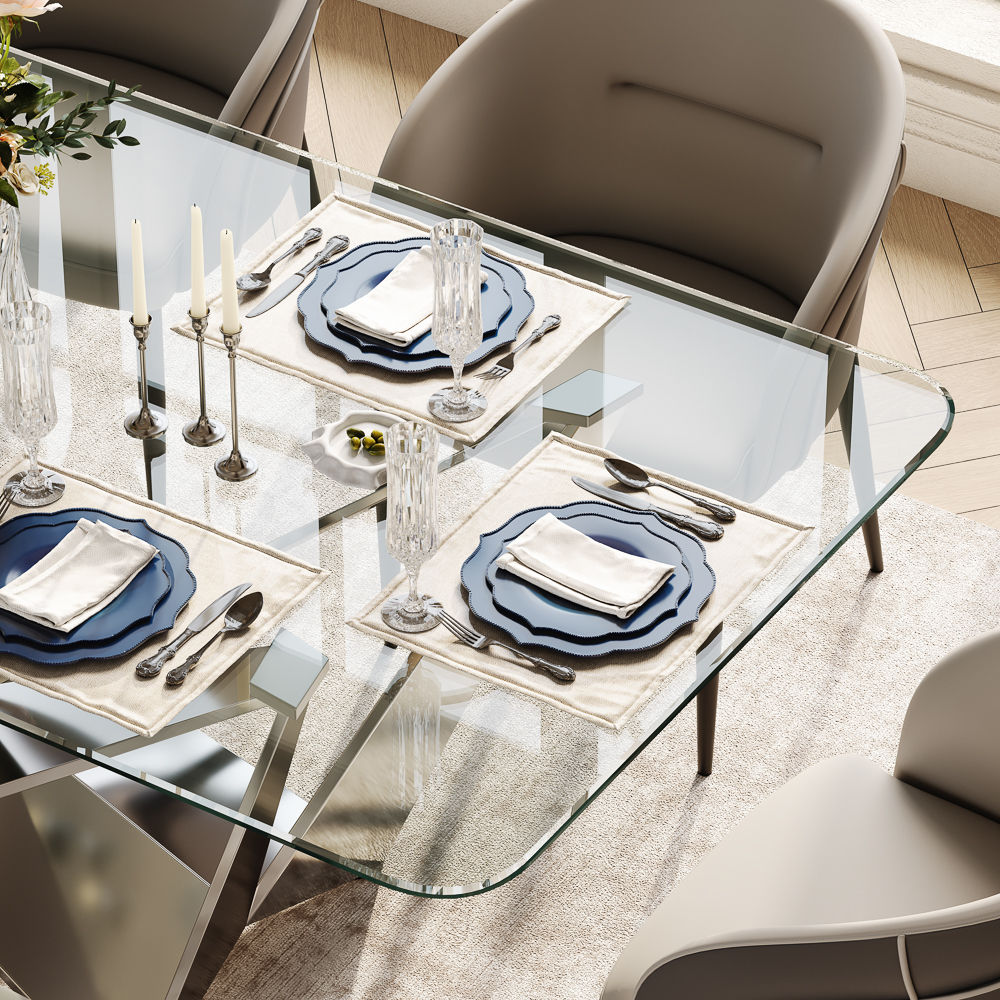 Glass Silver+Transparent Crystal Tempered Glass Dining Tables