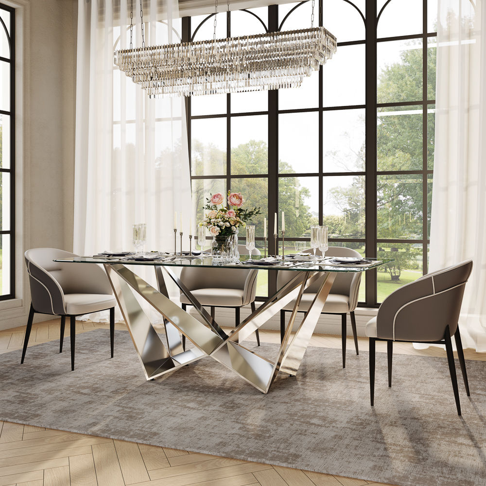 Partial Assembly Required Silver+Transparent Crystal Tempered Glass Dining Tables