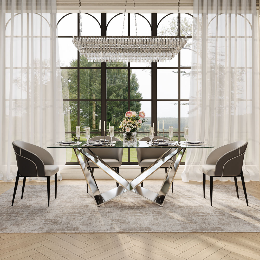 Partly Assemble Silver+Transparent Crystal Tempered Glass Dining Tables