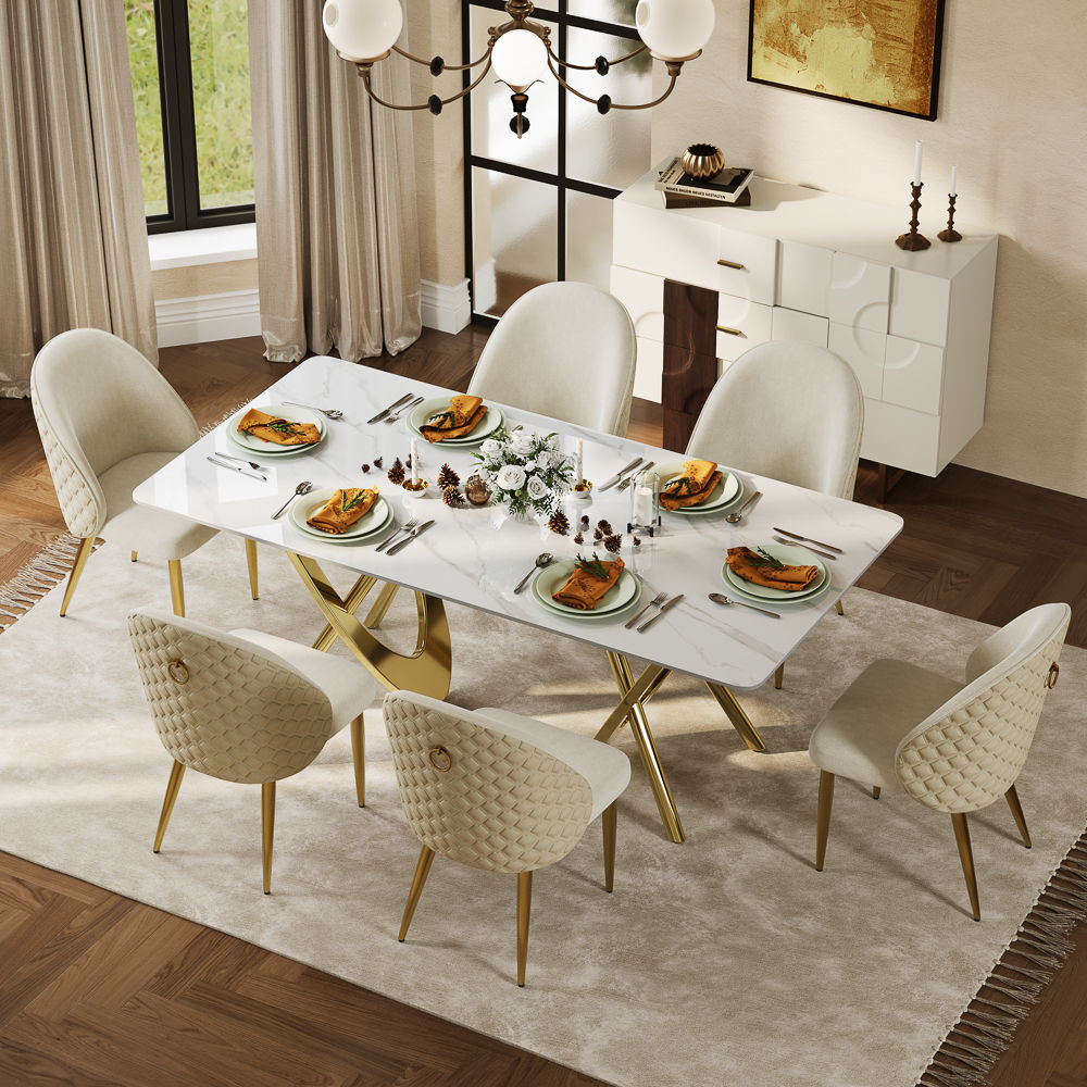 Sintered Stone White & Golden Glossy Sintered Stone Dining Tables