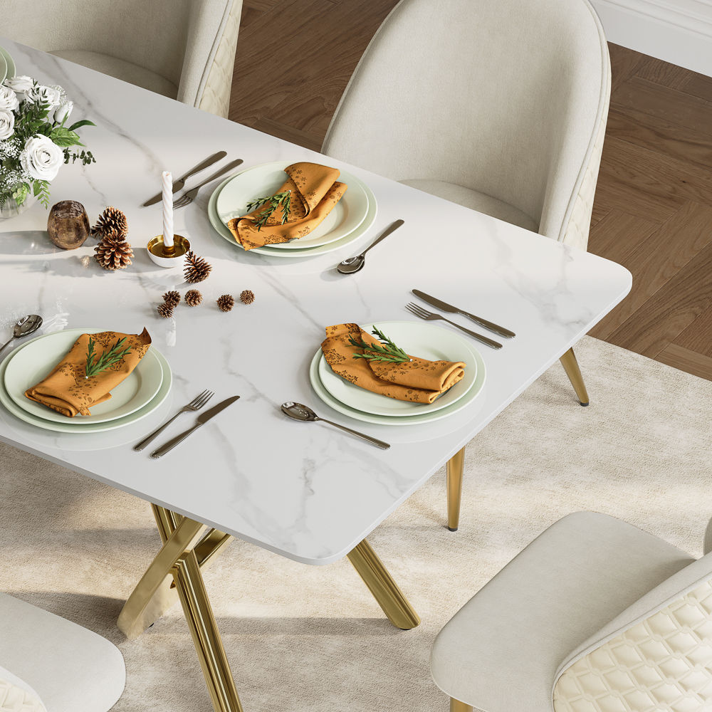 Modern White & Golden Glossy Sintered Stone Dining Tables