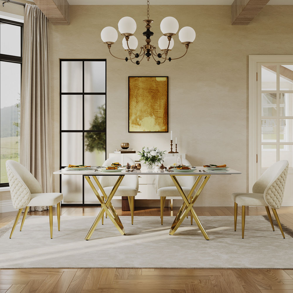 Partial Assembly Required White & Golden Glossy Sintered Stone Dining Tables