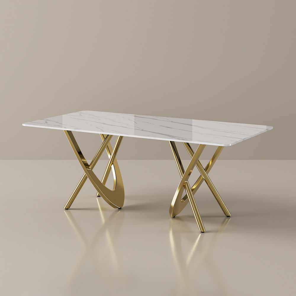 Pedestal White & Golden Glossy Sintered Stone Dining Tables