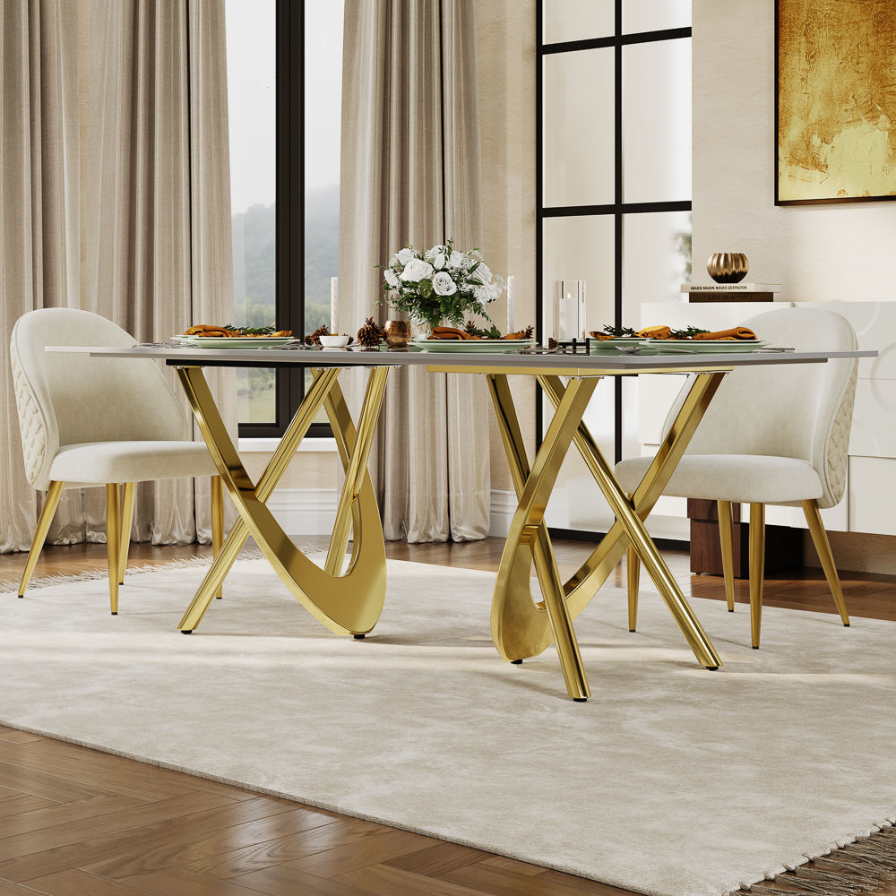 Pedestal White & Golden Glossy Sintered Stone Dining Tables