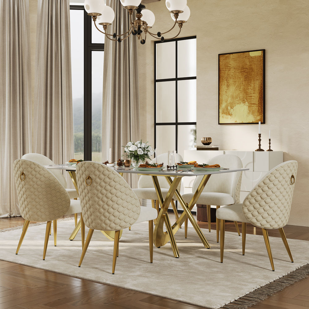 Seats 8 White & Golden Glossy Sintered Stone Dining Tables