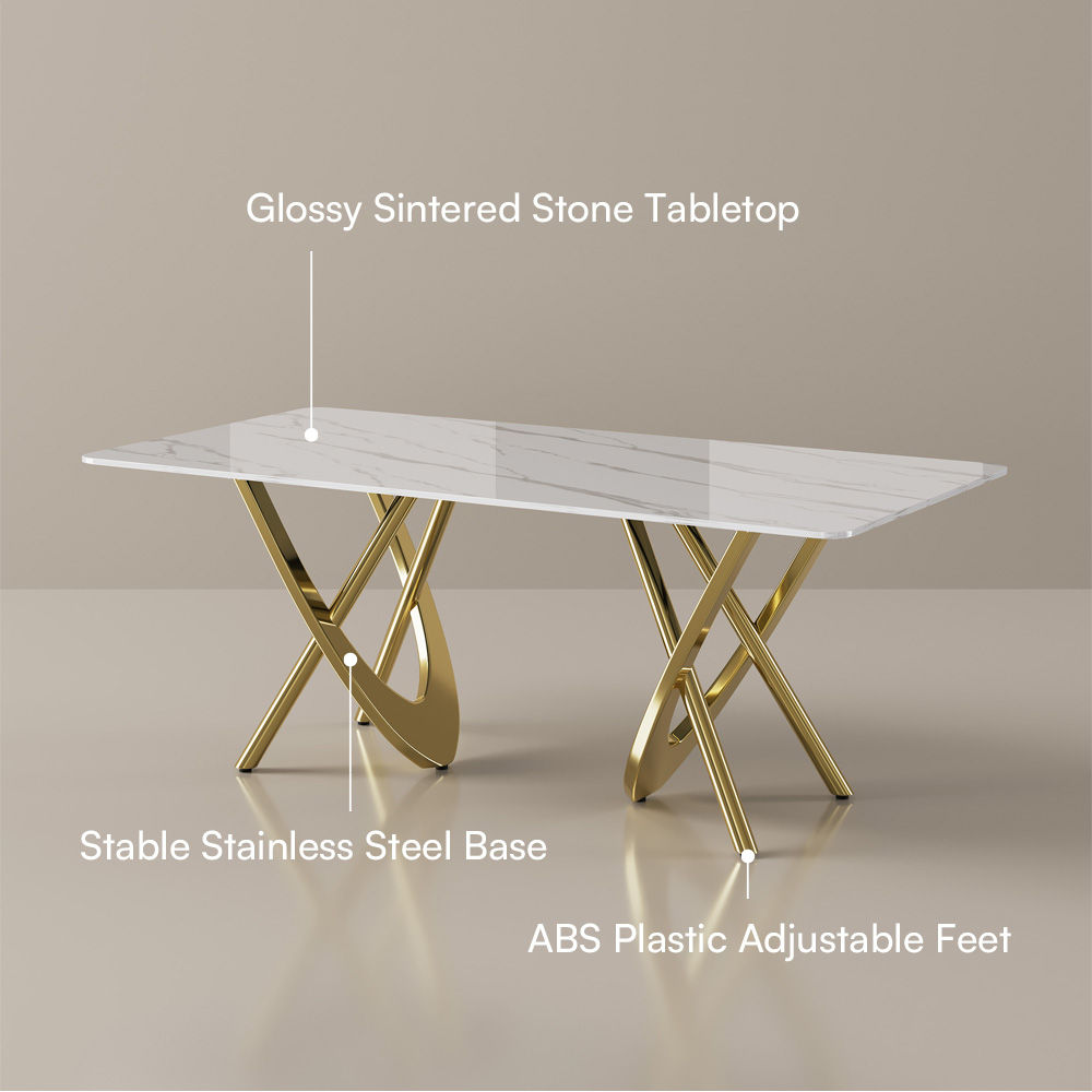 Glossy Sintered Stone White & Golden Glossy Sintered Stone Dining Tables