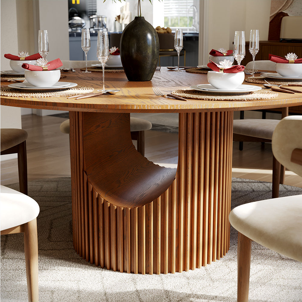 Round Walnut Color Plywood Dining Tables