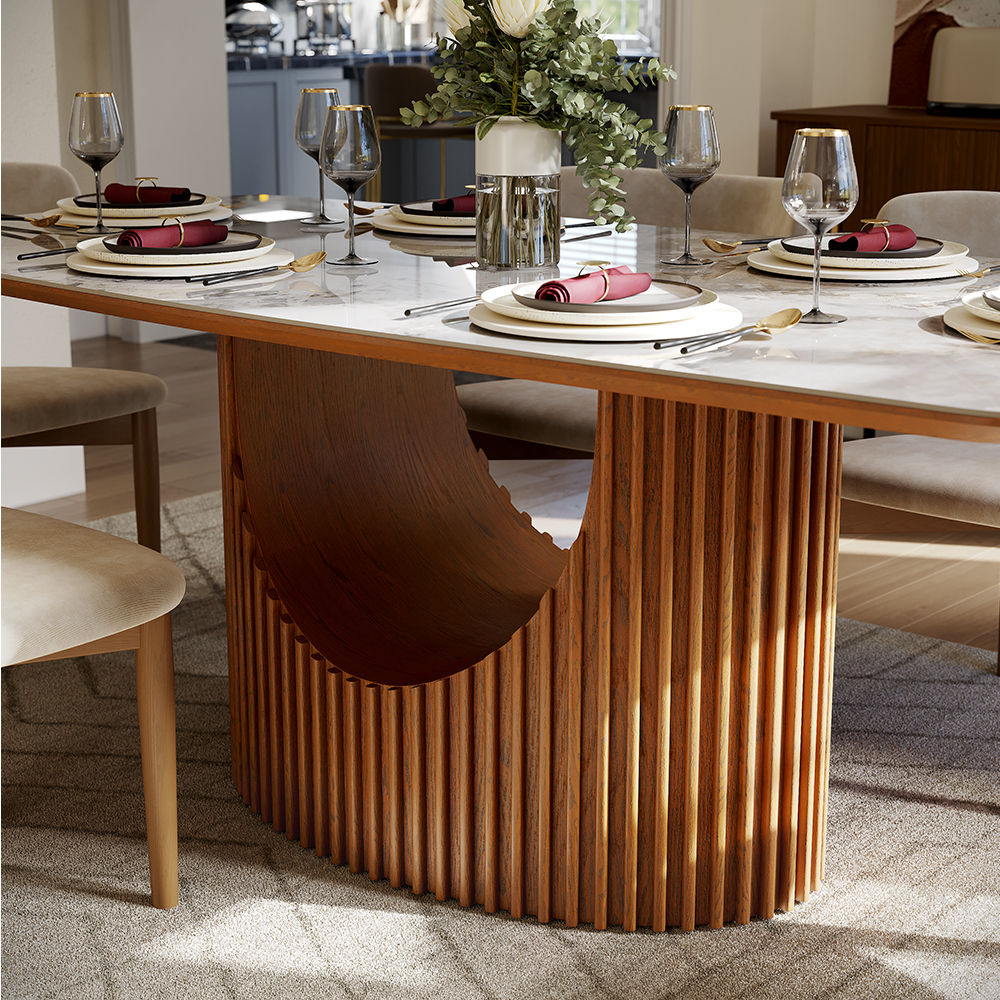Pedestal White & Walnut Glossy Sintered Stone Dining Tables