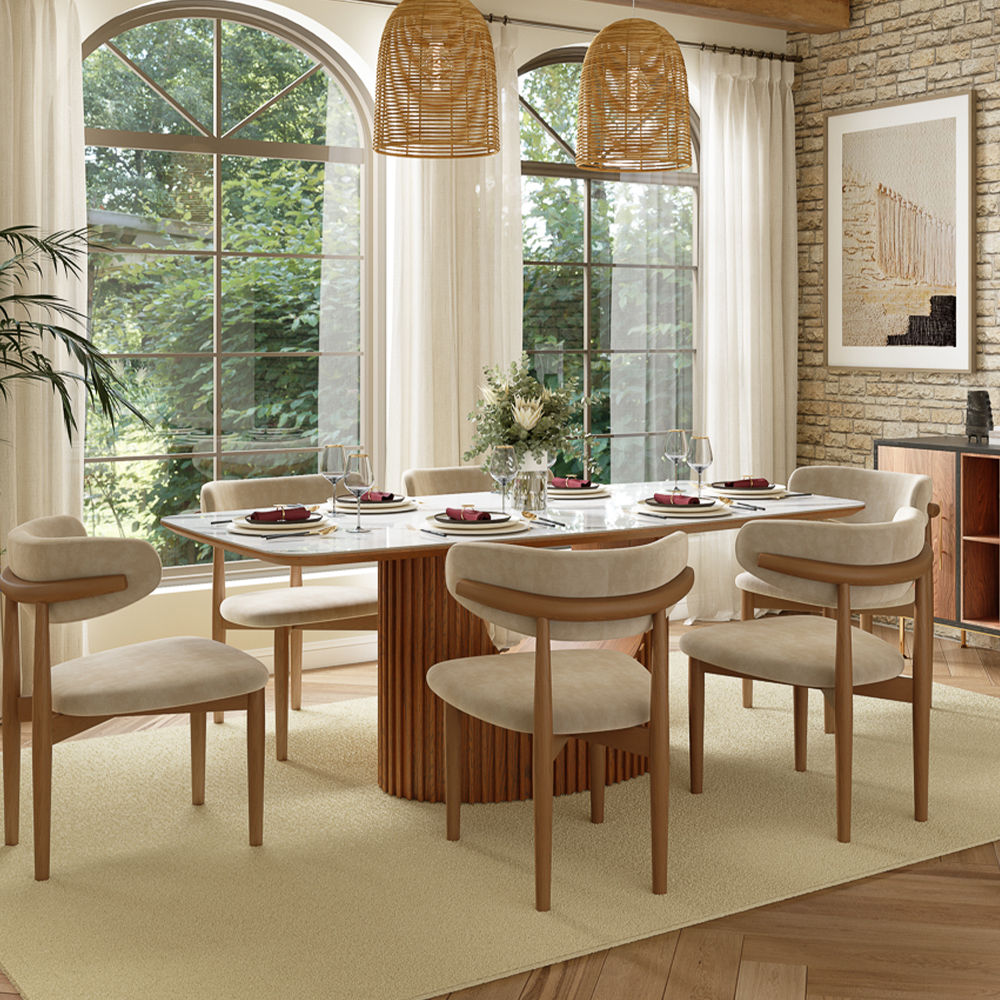 Glossy Sintered Stone White & Walnut Glossy Sintered Stone Dining Tables