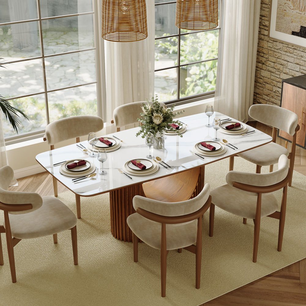Seats 6 White & Walnut Glossy Sintered Stone Dining Tables