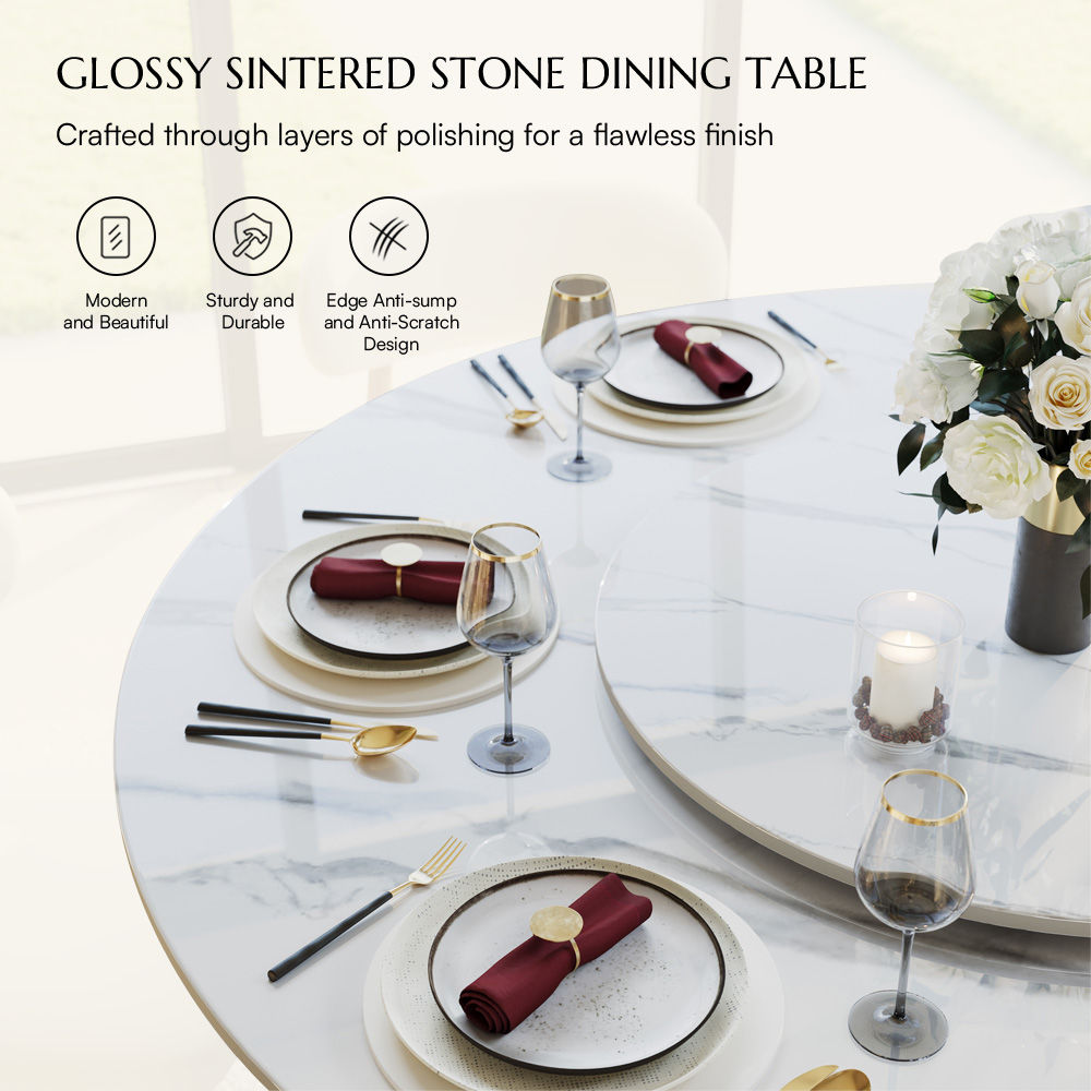 Round White Glossy Sintered Stone Dining Tables