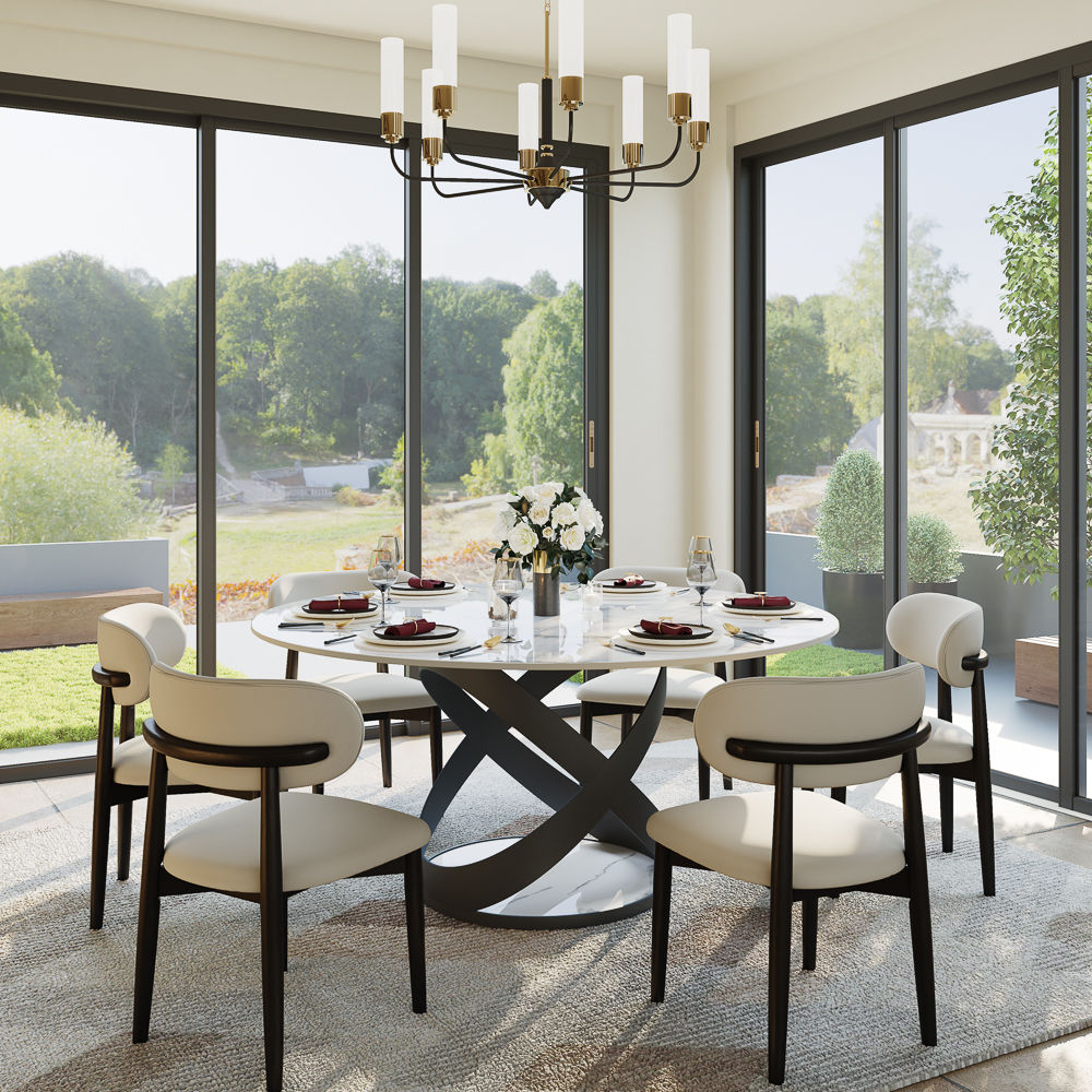 Carbon Steel White Glossy Sintered Stone Dining Tables