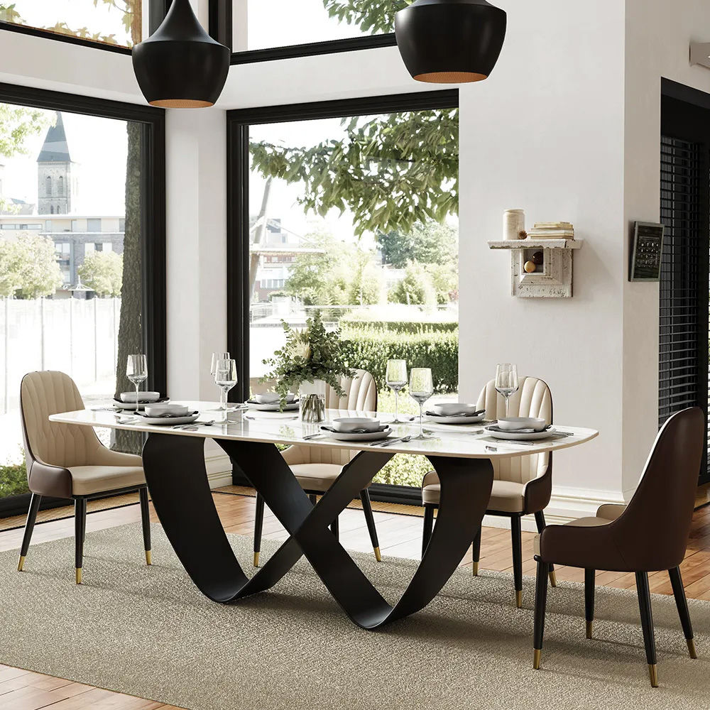 Carbon Steel Glossy White Sintered Stone Dining Tables