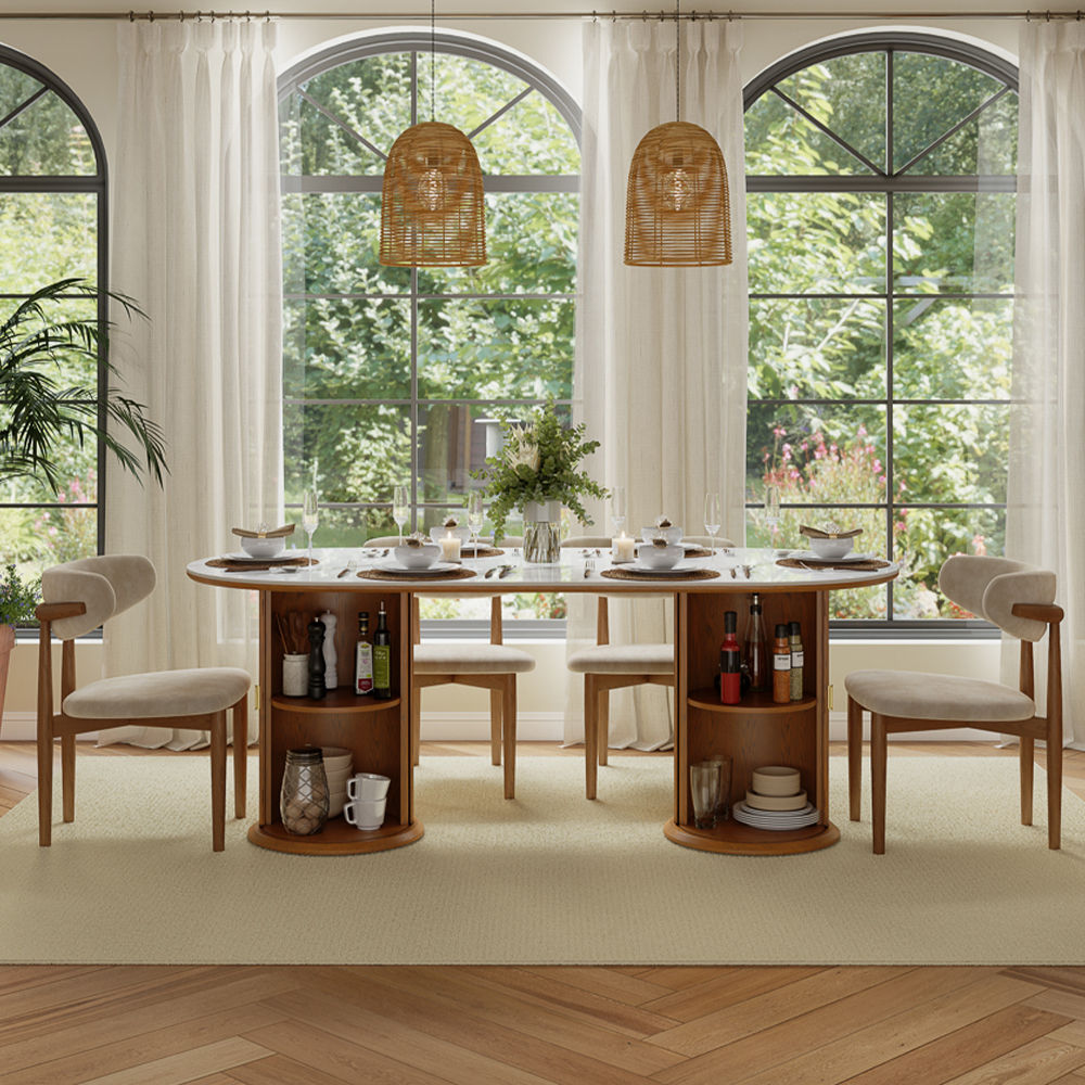 Partial Assembly Required White & Walnut Glossy Sintered Stone Dining Tables