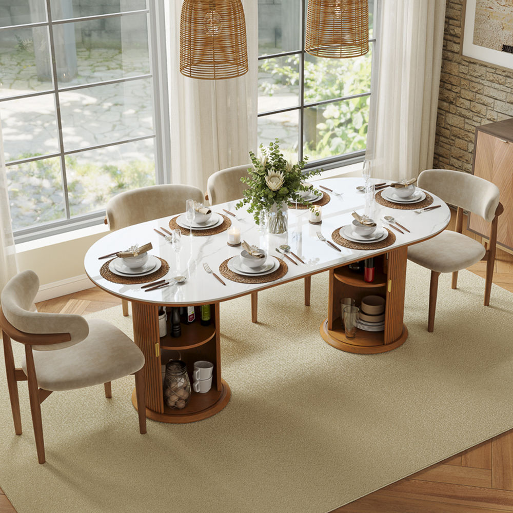 Kitchen White & Walnut Glossy Sintered Stone Dining Tables