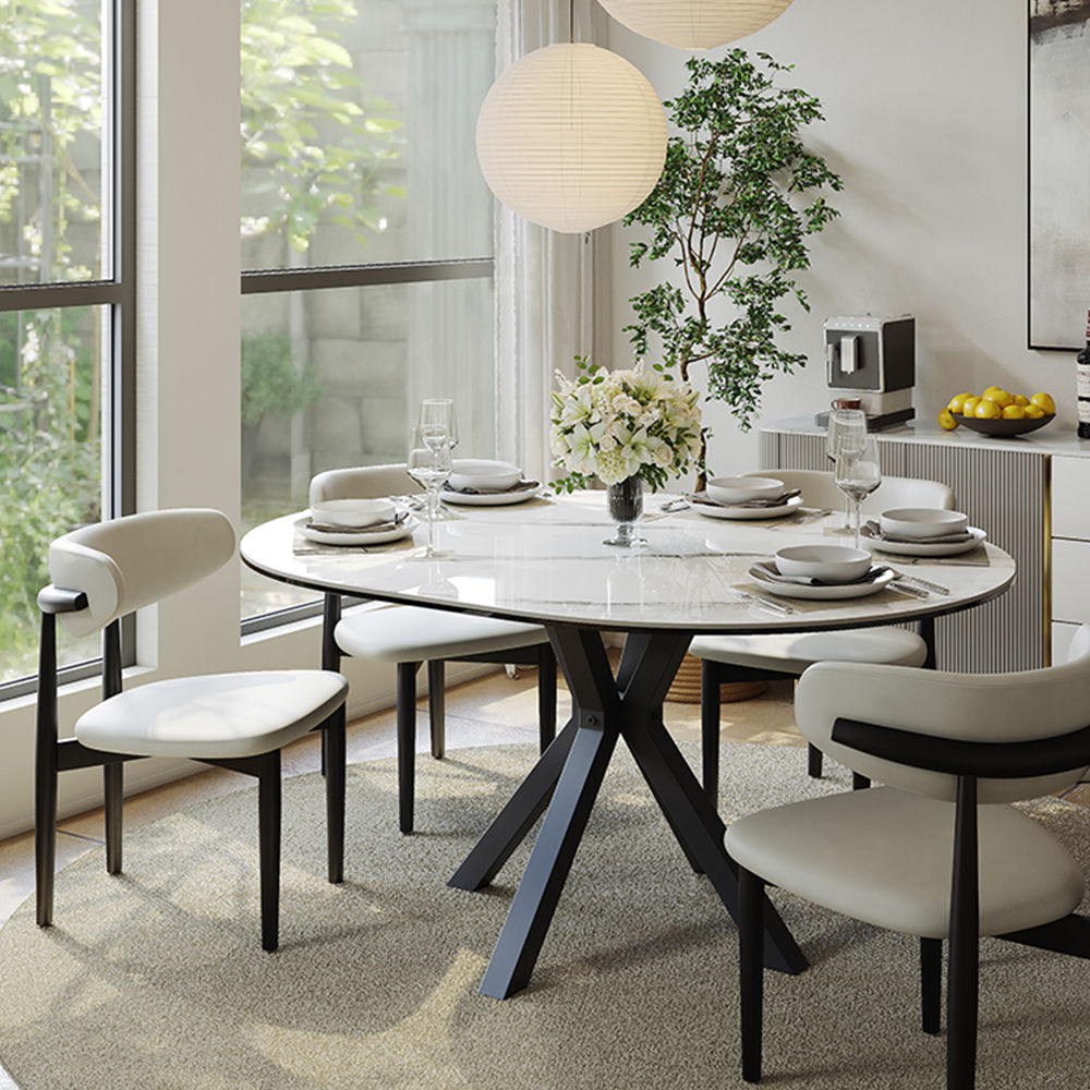 Mid Century Modern White Glossy Sintered Stone Dining Tables