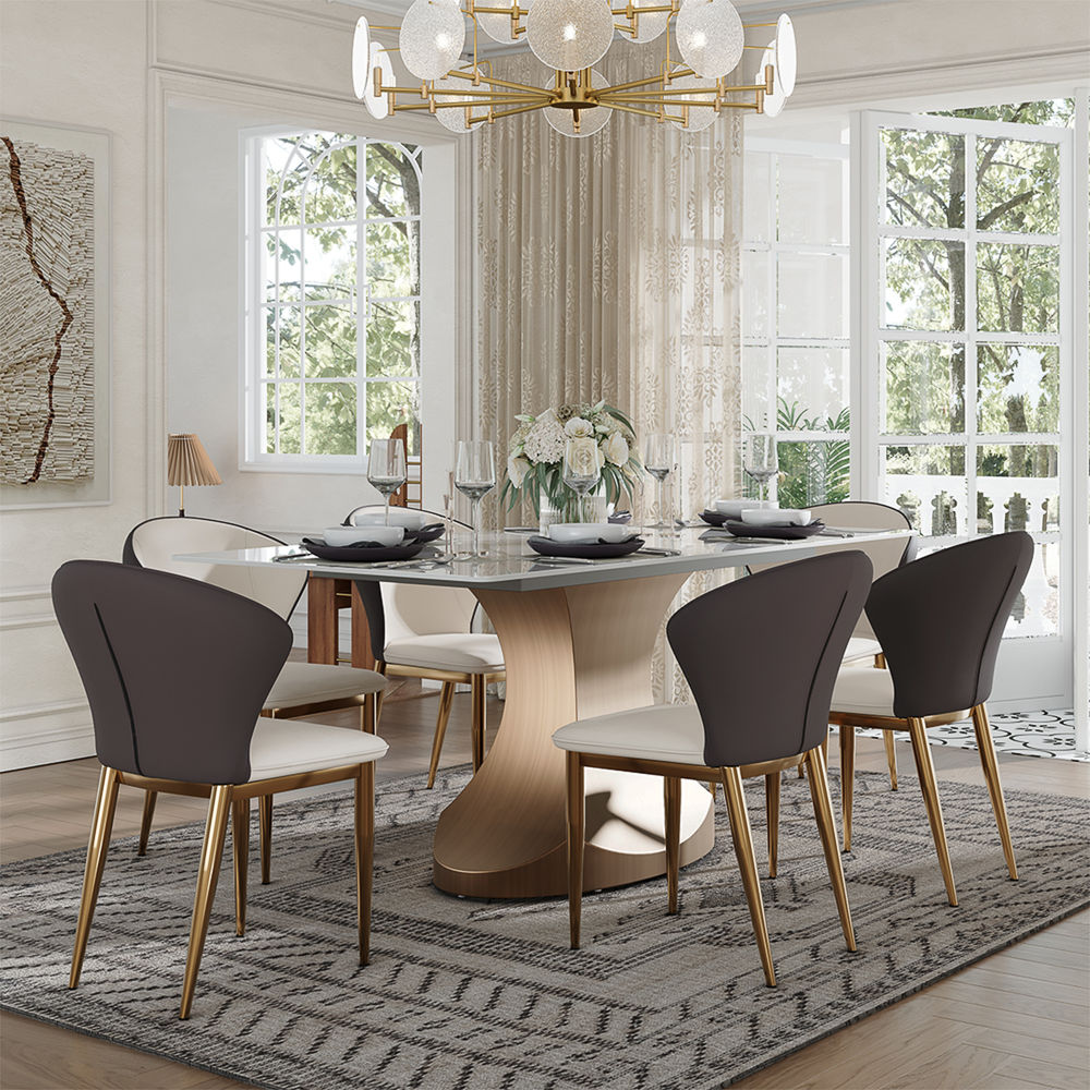 Partial Assembly Required White & Bronze Glossy Sintered Stone Dining Tables