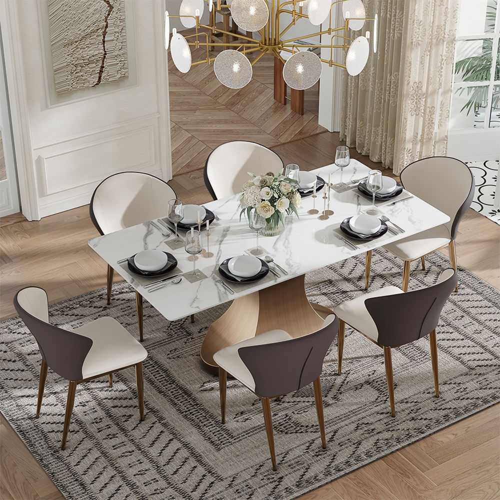 Kitchen White & Bronze Glossy Sintered Stone Dining Tables
