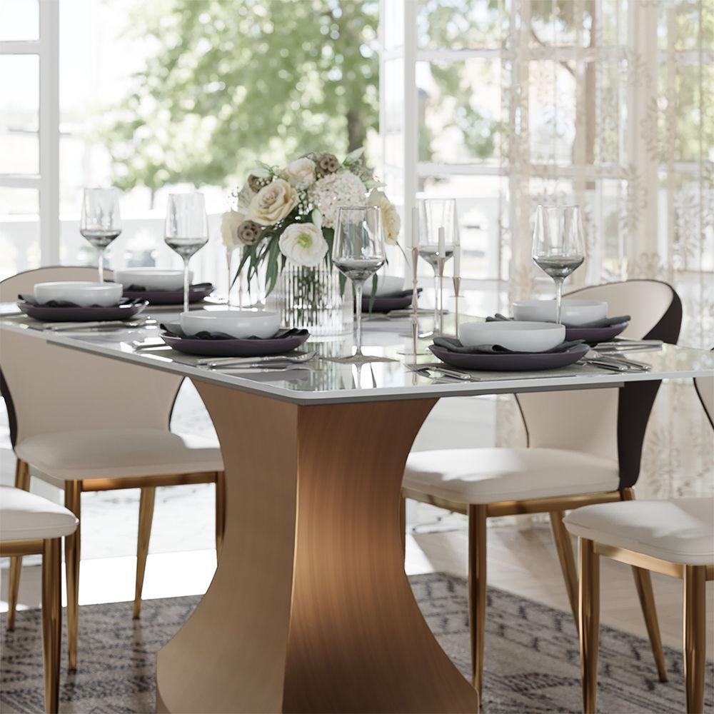 White White & Bronze Glossy Sintered Stone Dining Tables