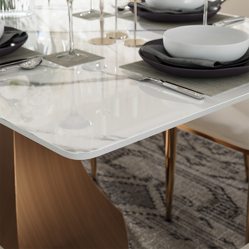 Gaming Room White & Bronze Glossy Sintered Stone Dining Tables