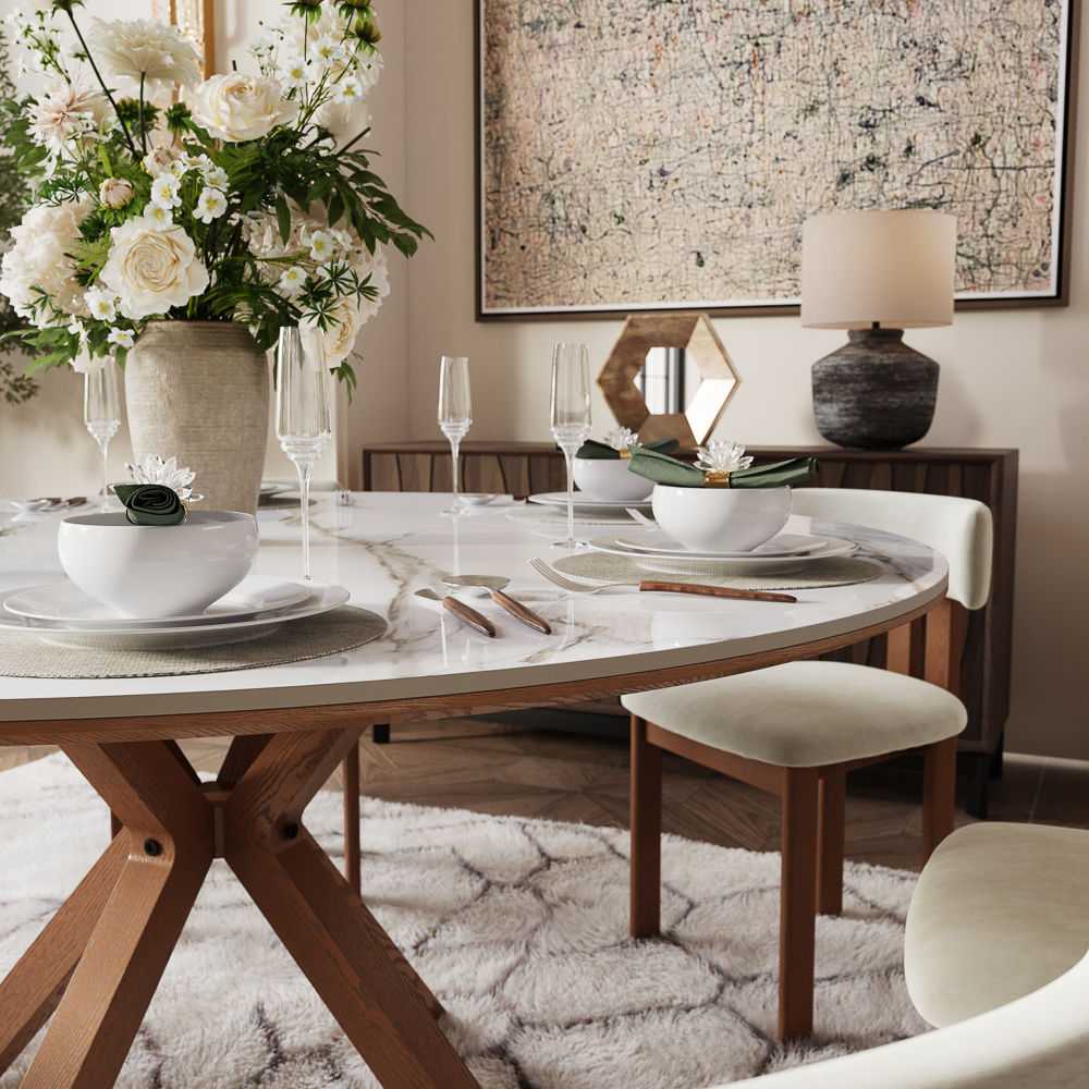 Glossy Sintered Stone & Wood White Glossy Sintered Stone Dining Tables