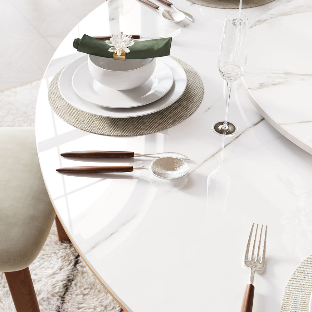 Walnut Color White Glossy Sintered Stone Dining Tables