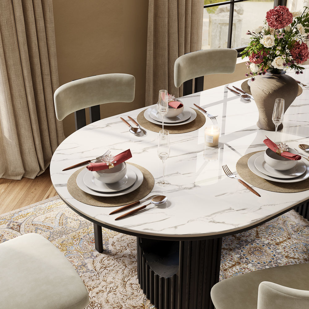 Mid Century Modern White Glossy Sintered Stone Dining Tables