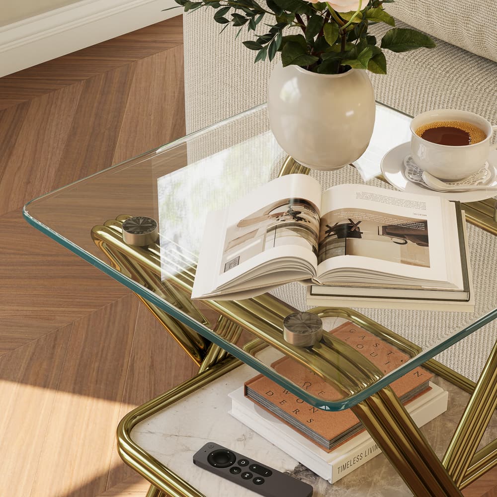 Glass Clear & Gold Tempered Glass End & Side Tables