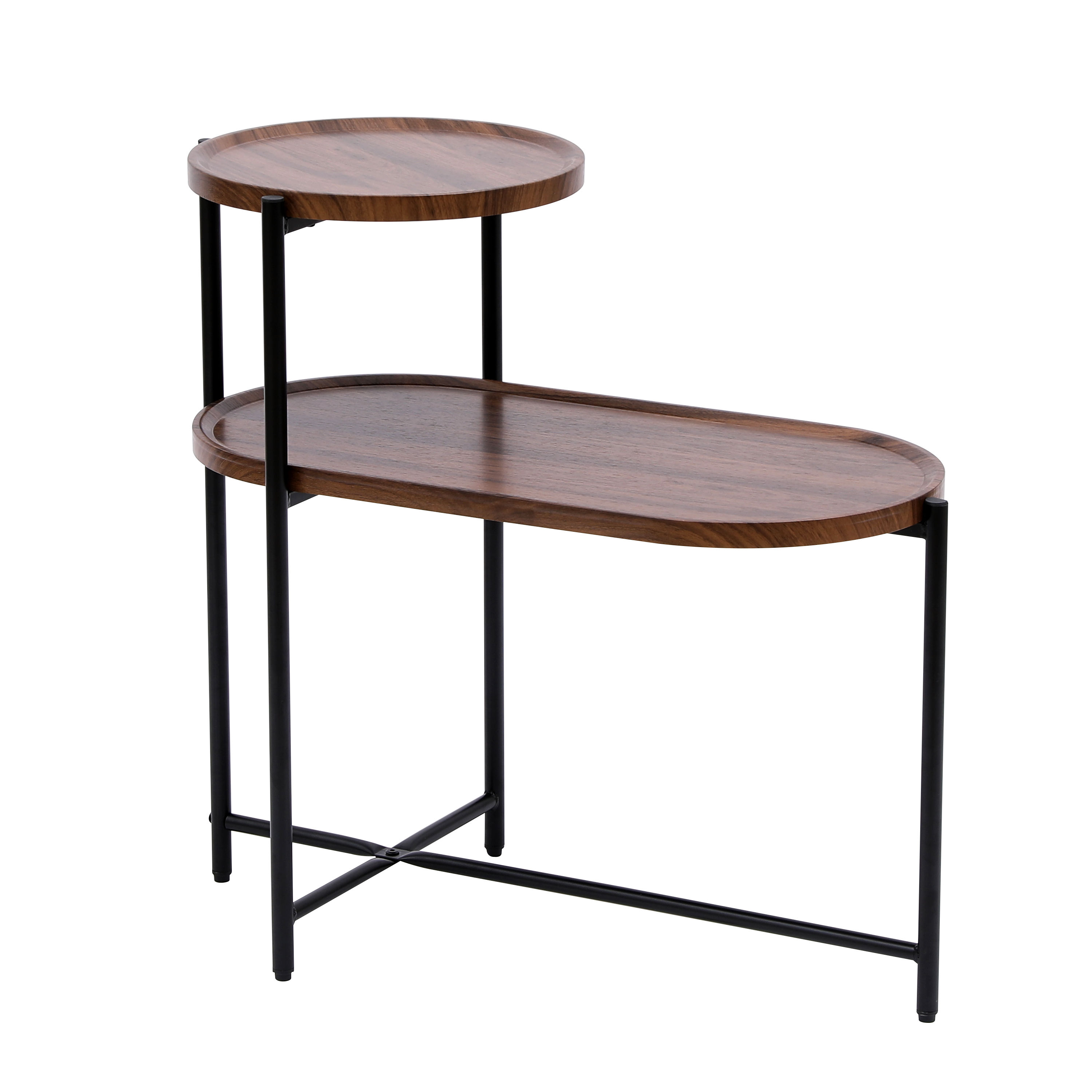 Oval Walnut Color Metal End & Side Tables