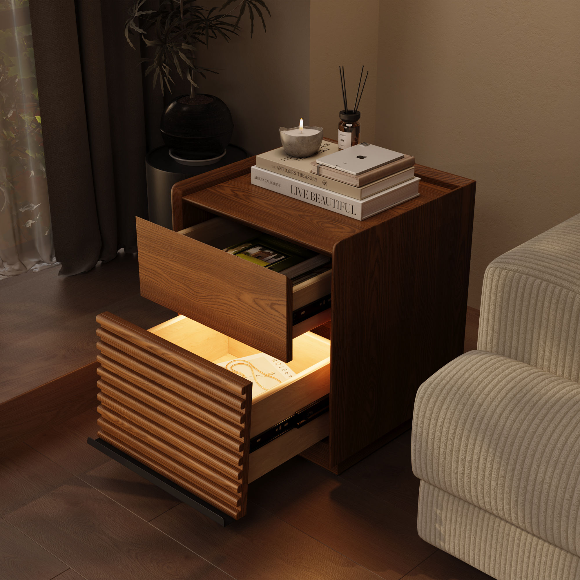 On the Ground Walnut Color Ash Wood End & Side Tables