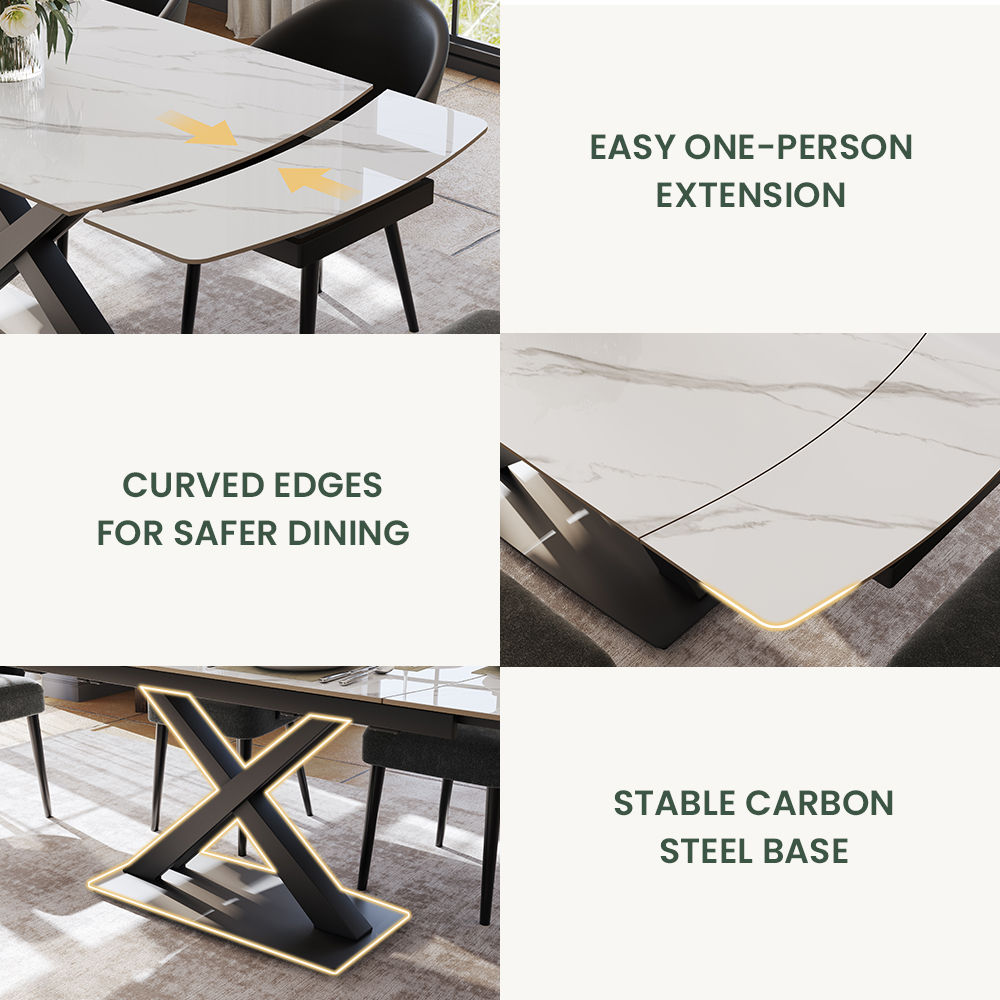 Extendable White Glossy Sintered Stone Extendable Dining Tables