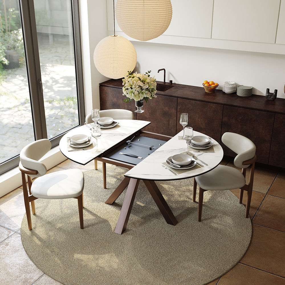 White & Bronze Sintered Stone Extendable Dining Tables