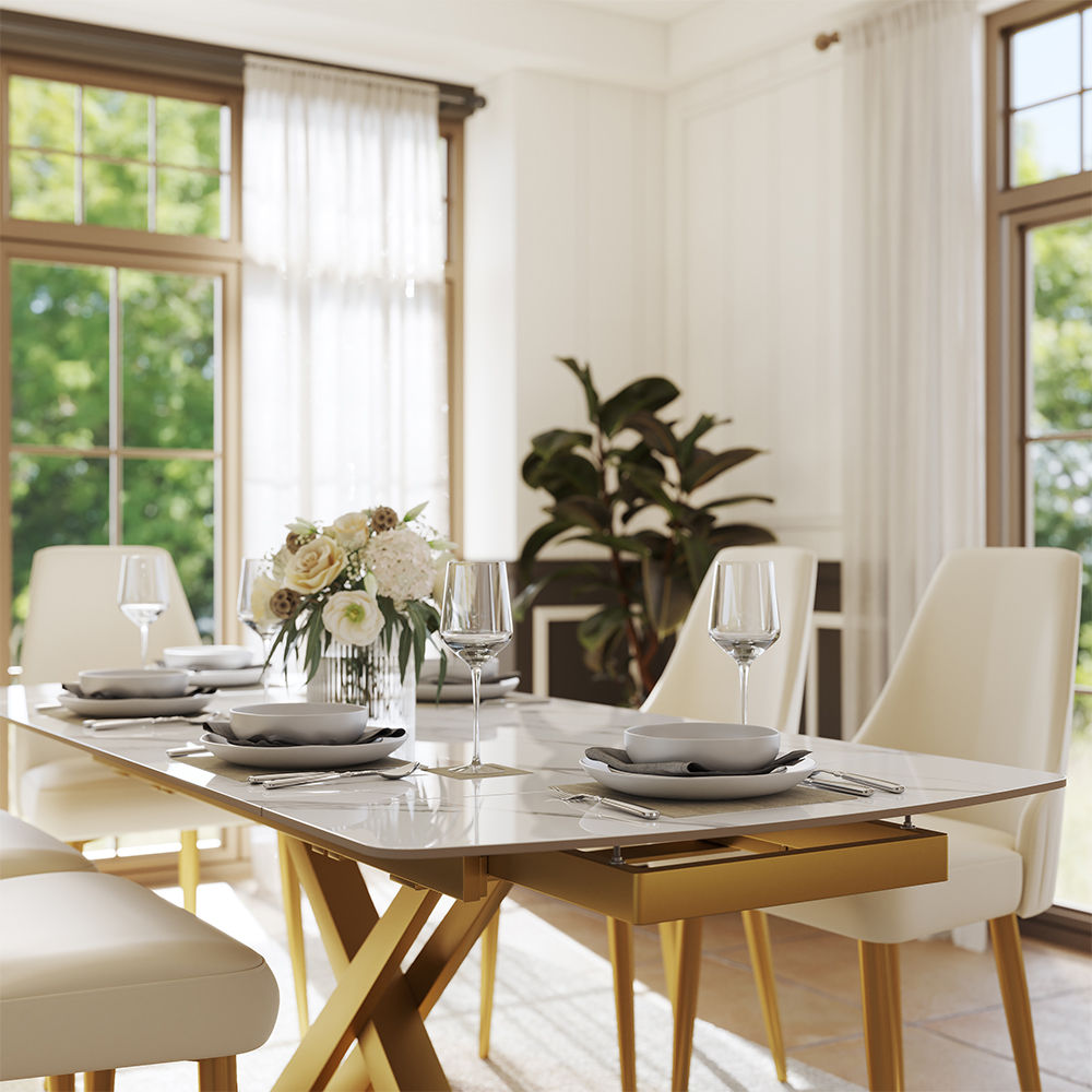 White & Gold Glossy Sintered Stone Extendable Dining Tables
