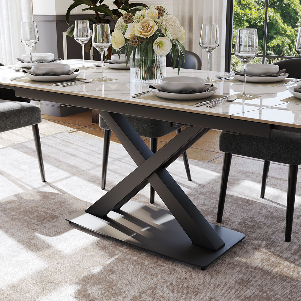 Rectangular White & Black Glossy Sintered Stone Extendable Dining Tables
