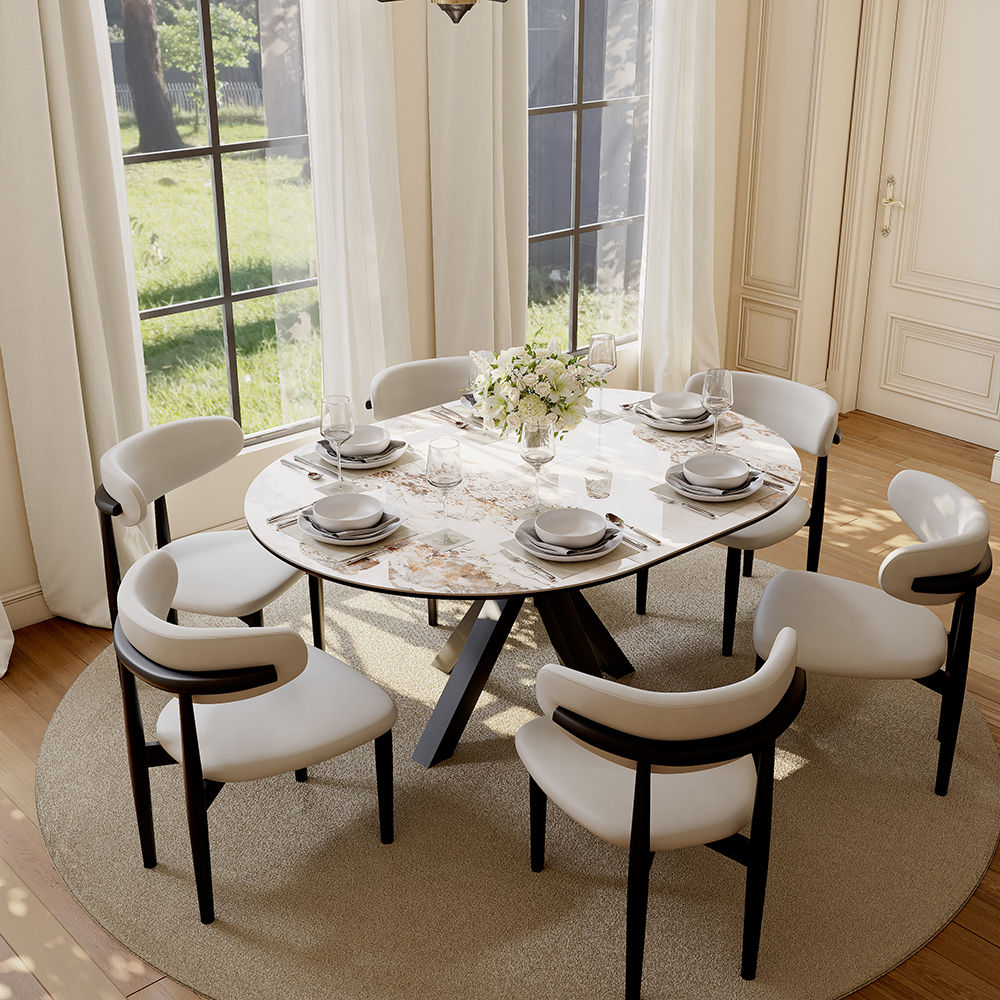Seats 6 Pandora & Black Sintered Stone Extendable Dining Tables